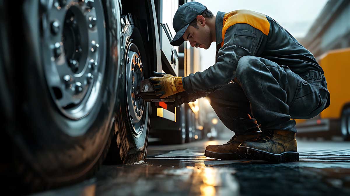 Mechanic repairs truck tire